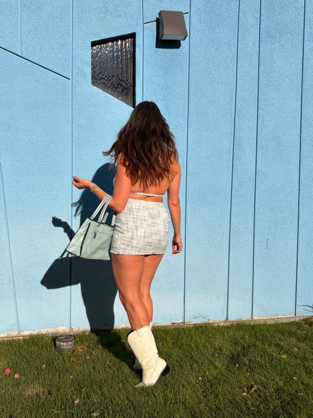 Tweedy Two-Piece Mini Set in White & Blue DIY Upcycled